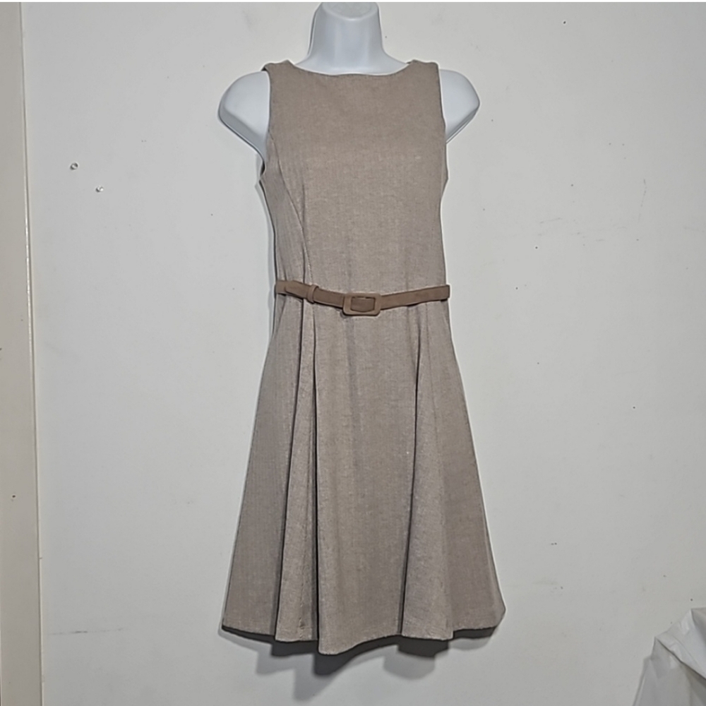 NWOT Beautiful petite LRL tan taupe herringbone pattern dress with belt XSP